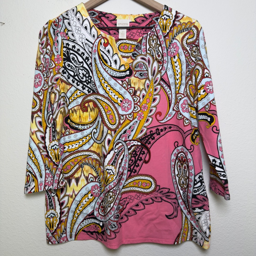 Chico's Pink Paisley Long Sleeve Tee with Yellow, White & Black Accents